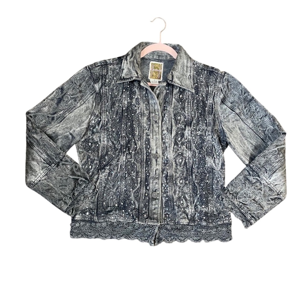 Flashback Gray Acid Wash Embroidered Sequin Crochet Trim‎ Denim Jacket Womens M